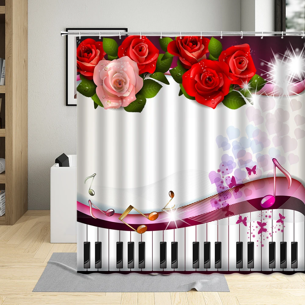 Romantic Valentine\'s Day Shower Curtain Couples Red Rose Flower Wine Glass Butterfly Piano Keys Home Bathroom Waterproof Fabric