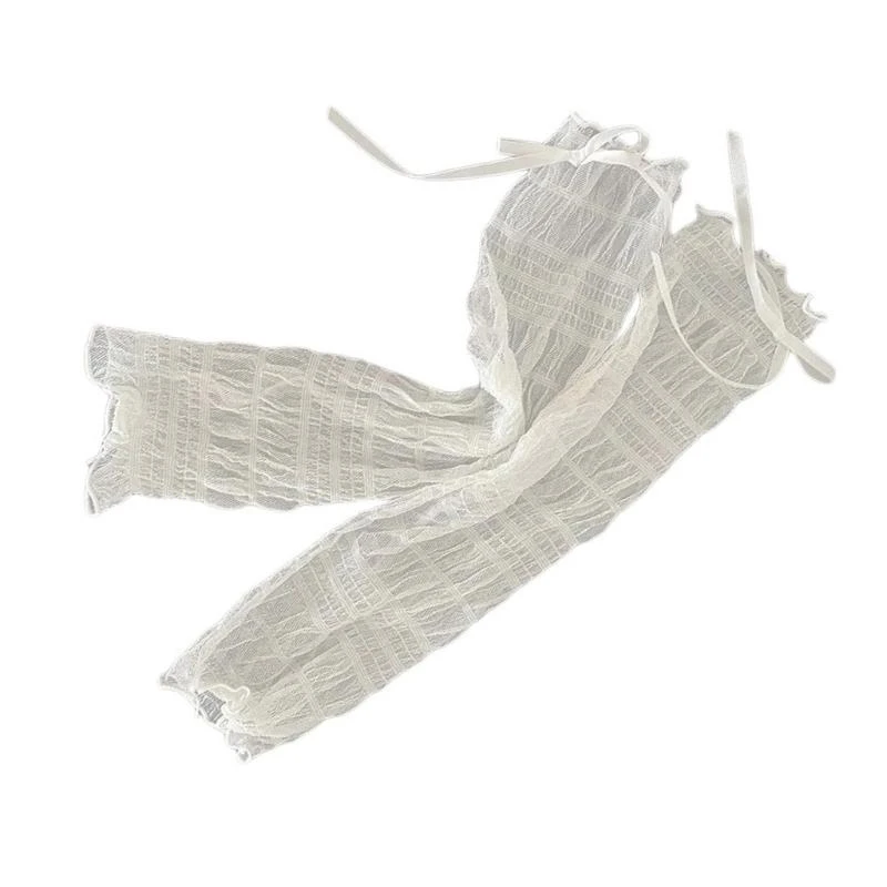 

Women Girls Sun Protective Solid Color Bowknot Leg Warmers See Through Pleated Ruched Mesh Leg Sleeves Cover Calf Socks 15UB