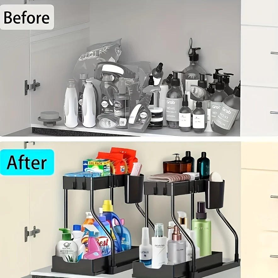 

Space Saving 2 Tier Pull Out Storage Box Durable Large Capacity Kitchen Bathroom Essential Drawer Organizer