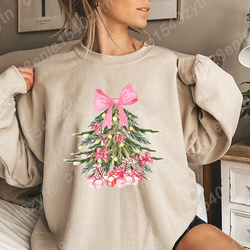 Classic Christmas Tree Print Crew Neck Long Sleeve Sweatshirt, Pink Coquette Bow Sweatshirts, Xmas Sweatshirts For Women