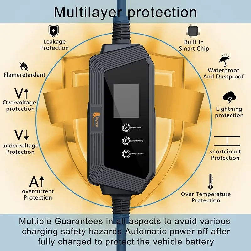 feyree Smart Portable EV charger Type2 Cable 32A 7KW Fast Charging for Electric Car with Adjusting Current Setting Charging Time