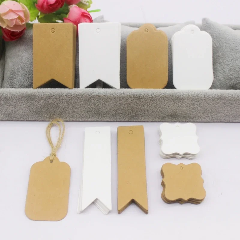 علامات تعليق الهدايا الورقية المختلفة، 100 قطعة لكل دفعة، ملصقات تغليف الهدايا من ورق الكرافت الأبيض، ملصقات الأسعار المصنوعة يدويًا