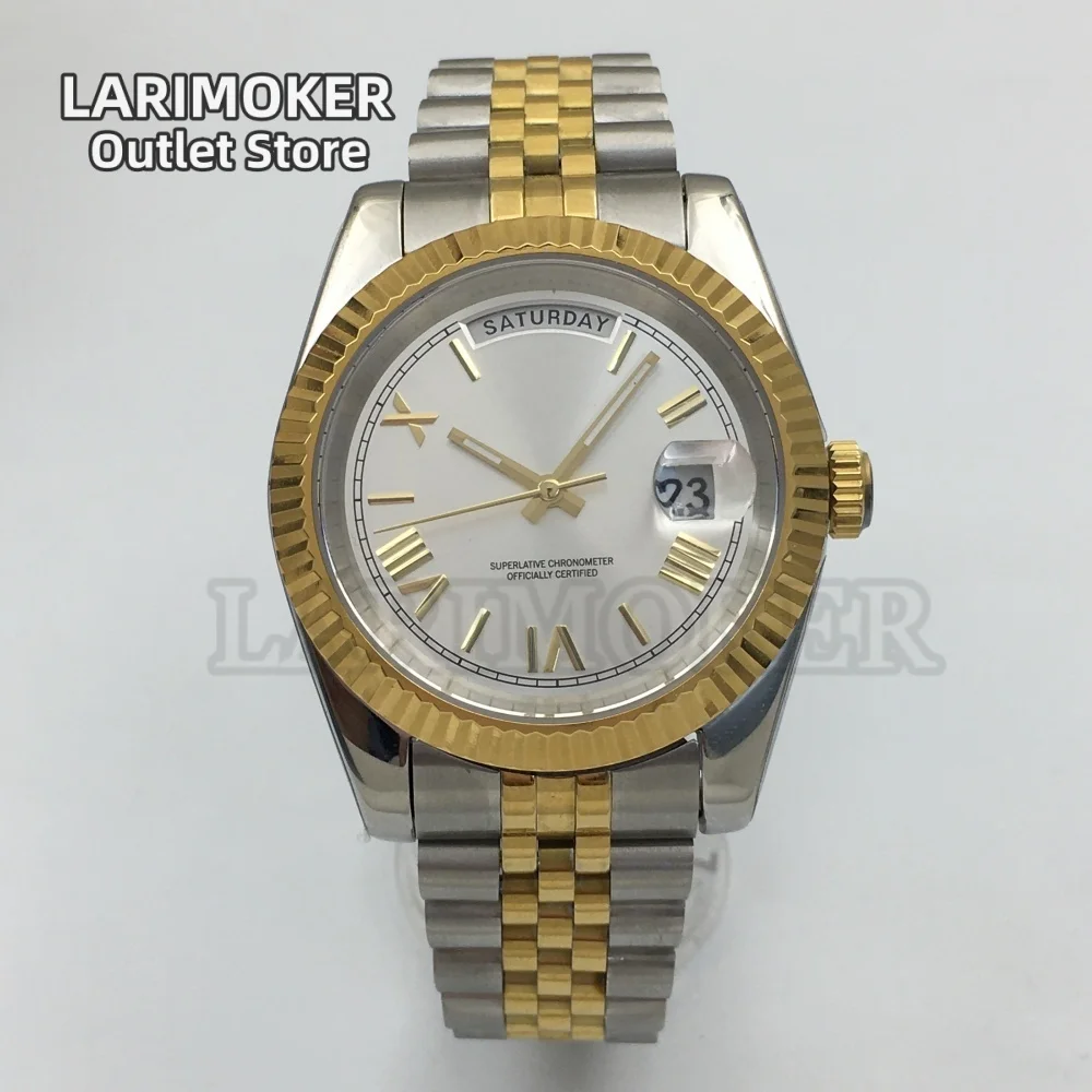

LARIMOKER 36 мм/39 мм мужские часы с механизмом Miyota8285, двухцветные золотые рифленые безели, сапфировое стекло, серебряный циферблат, водонепроницаемые часы с датой