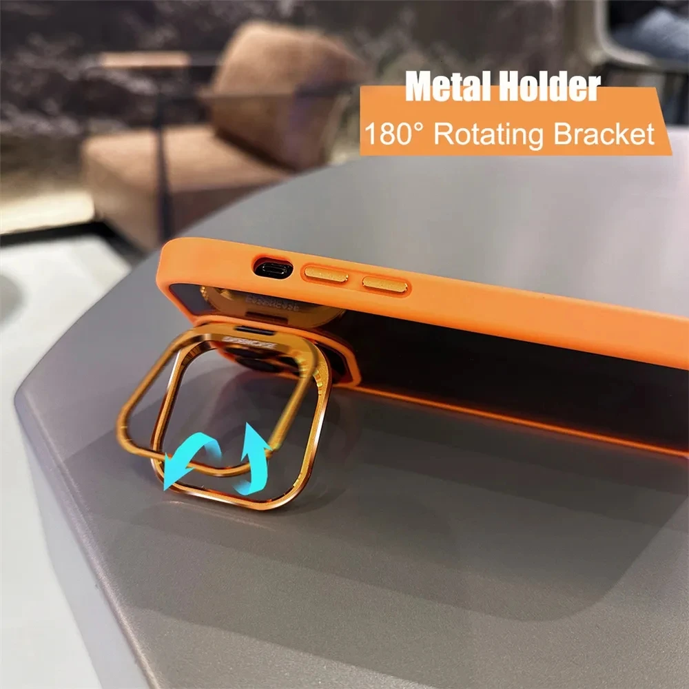 Lens Metal Ring Protector Stand Phone Case For IPhone 13 11 12 14 15 16 Pro Max Plus Camera Glass Lens Film Transparent PC Cover image 4