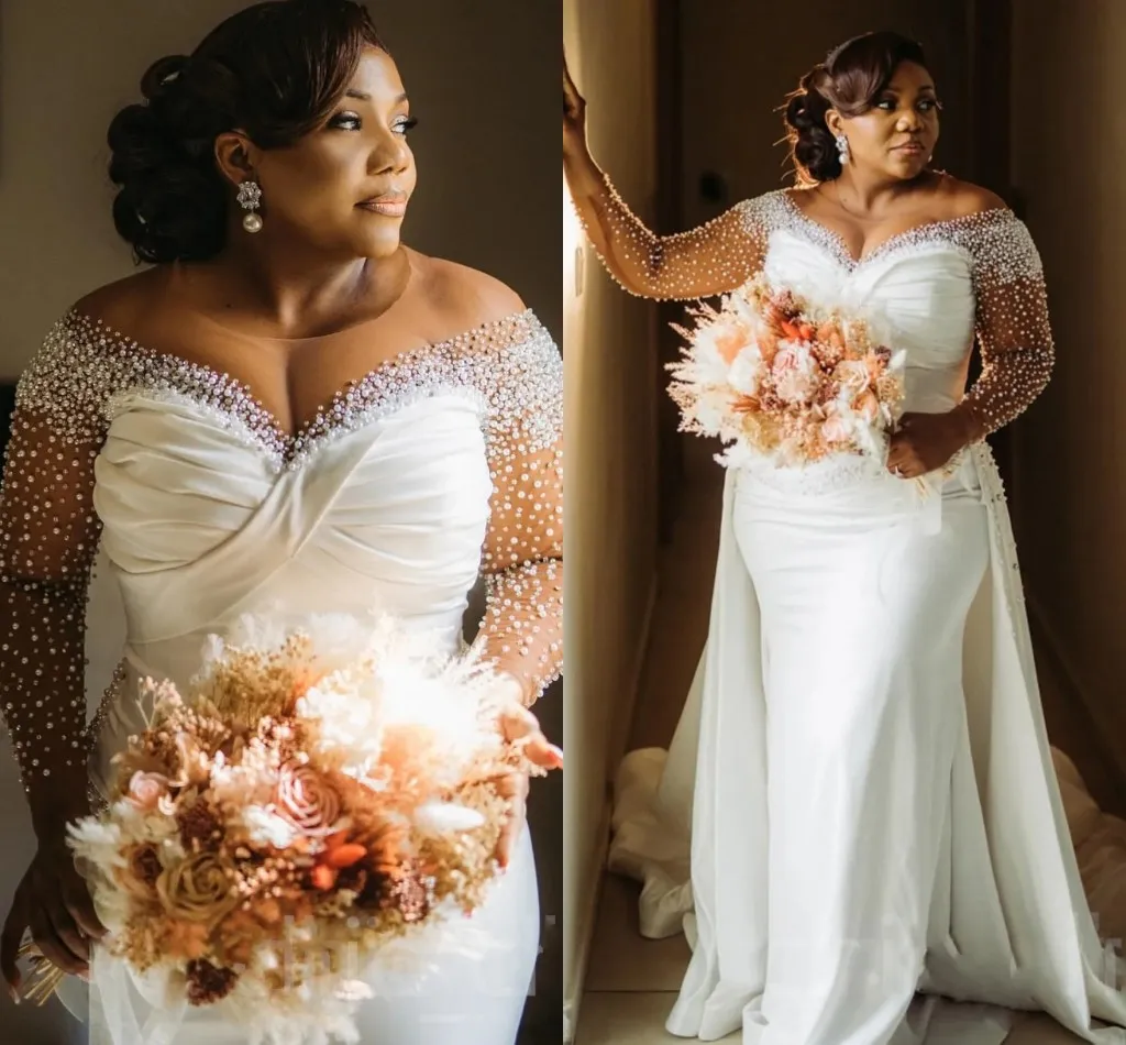 

New African Mermaid Wedding Bridal Dresses 2025 Sheer O-neck Long Sleeves Beaded Pearls Satin Bride Gowns Vestidos De Novia