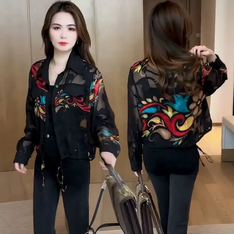 

Тонкая универсальная сетчатая пряжа с принтом, модные топы, весна-лето, новый свободный элегантный кардиган с длинными рукавами, повседневная винтажная женская одежда