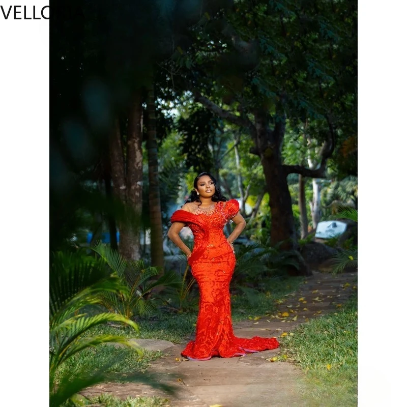 Aso Ebi Nigerian Red Mermaid Prom Dresses 2026 Floral Lace Crystals Stylish Evening Gown Second Birthday Gowns Dress Customized image 3