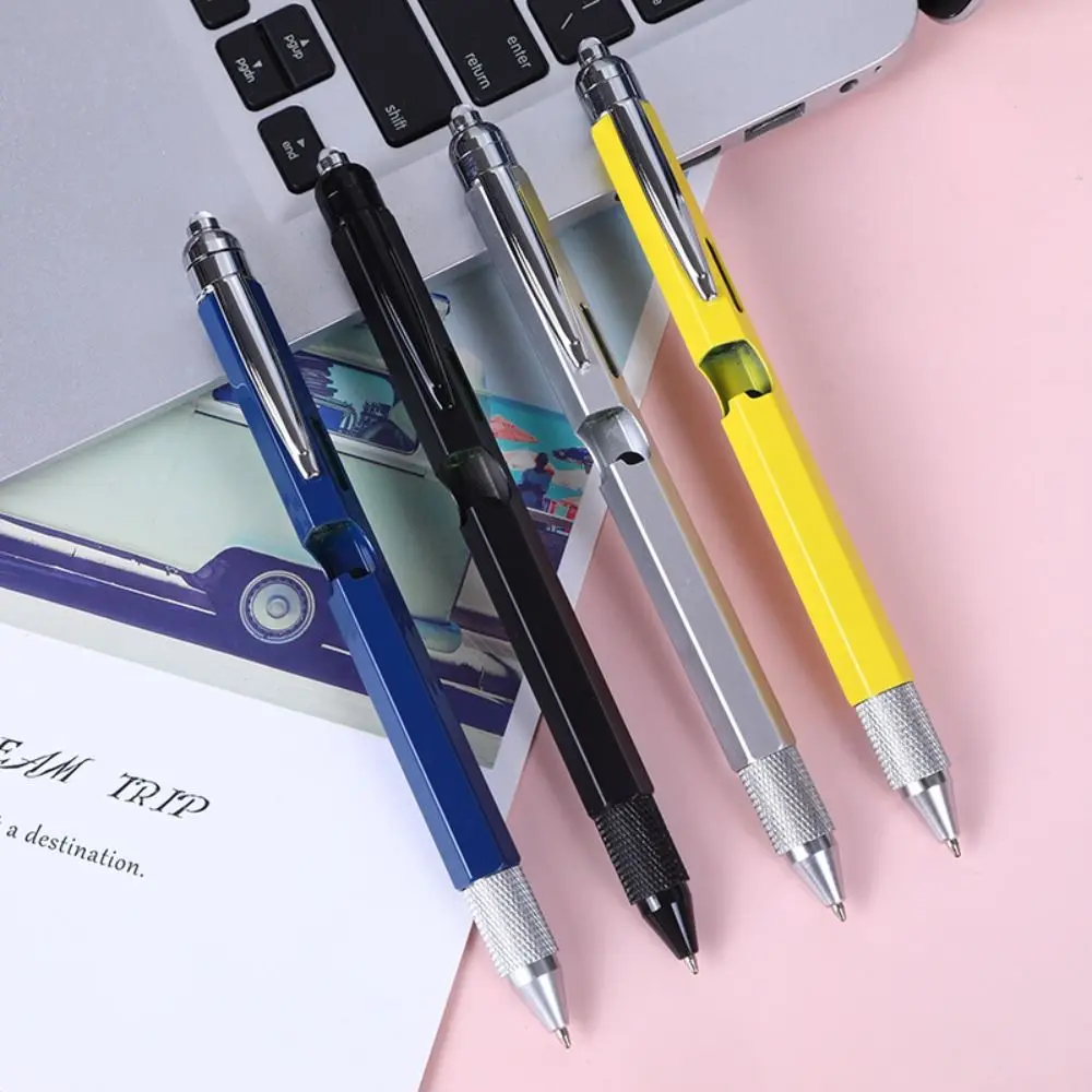 Metal Multi Tool Pen 9-in-1 With LED Light Spirit Level Screwdriver Ruler Ballpoint Pen Woodworking Pen Construction Tools