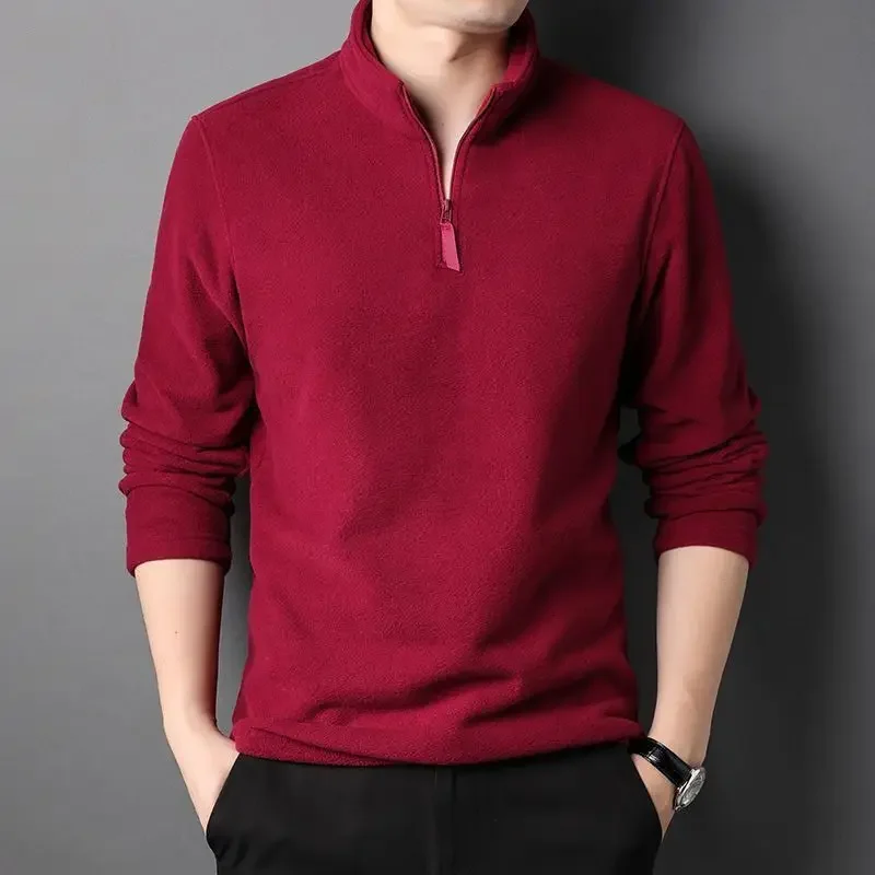 Autumn Winter Fleece Men T-Shirts Zipper Half High Neck Thicken Warm Casual New Male Clothes Long Sleeve Tops