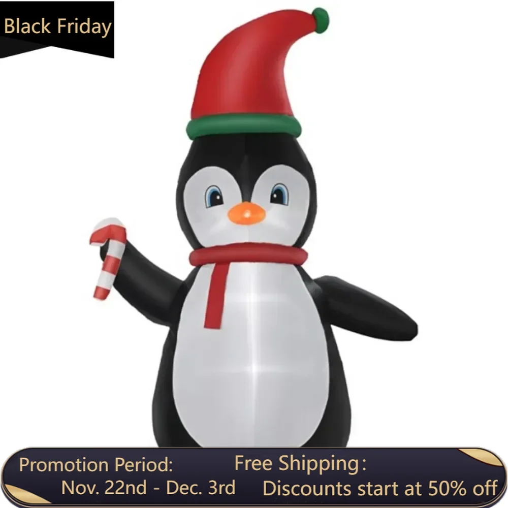 Penguin inflatables wearing Santa hats bring together a cohesive Christmas display - LED lights create a cheerful effect