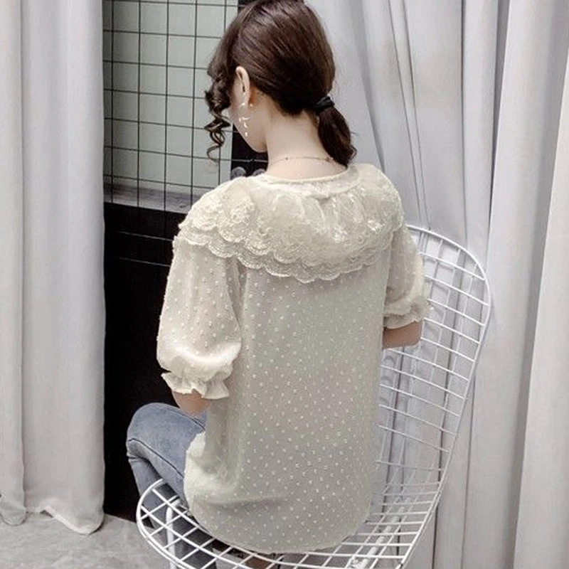 Vintage Summer Lace Tops Women 2024 Elegant Fashion Casual Ruffles White Blusas Mujer Korean Clothing V Neck Chiffon Blouses y2k