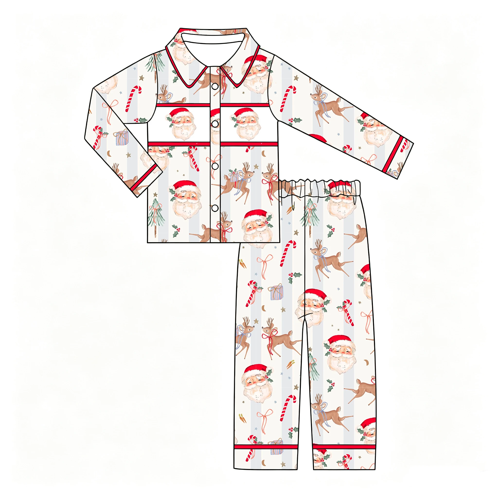 Wholesale Christmas Children's Clothing Long-Sleeve Stretch Top Santa Claus Print Boy Girl Bow Set Boutique Children's Clothing