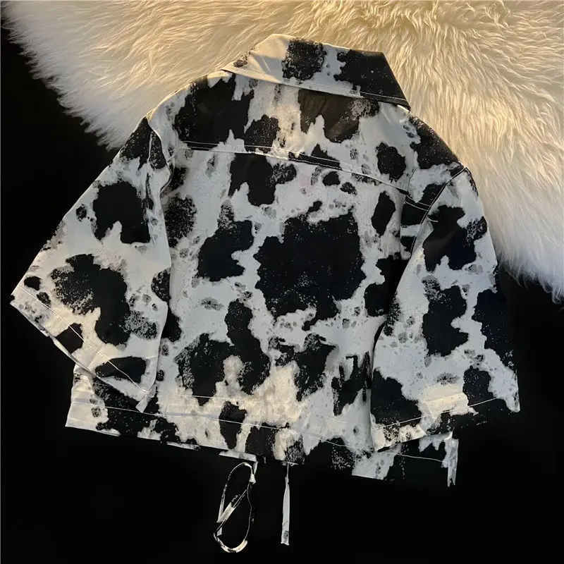 Tie Dye Vintage Drawstring Short Shirt Tops Short Sleeve Loose Youth High Street Blouse Casual Fashion Women Clothing Summer New