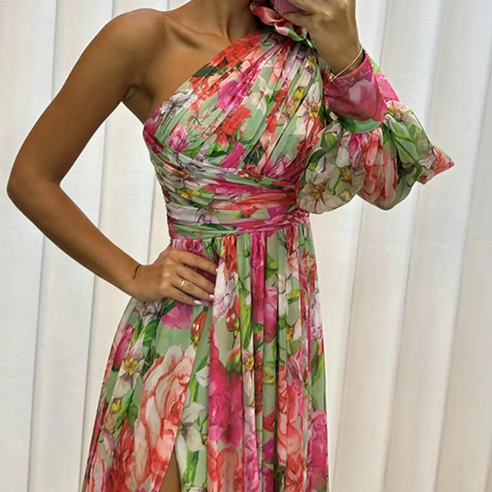 

Women Evening Dress One Shoulder Backless Colorful Flower Print Side Split Hem Casual Split Maxi Dress Vestidos Mujer