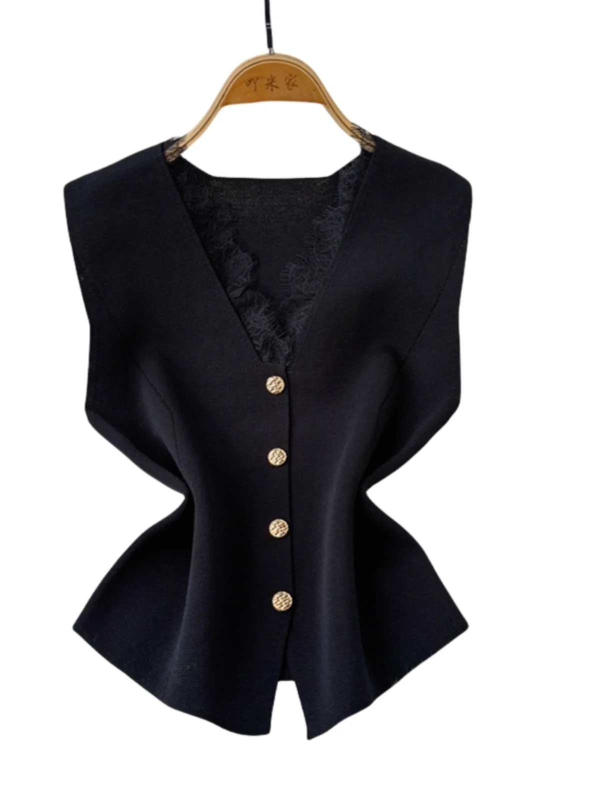 

Ele Lace Patchwork V-Ne Single-Button Svel Vest Women's Summer Lightweight Layering Anti-Aging Trendy Tank Top