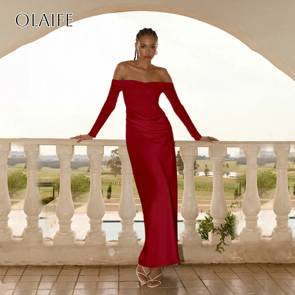 

Sheath Prom Dresses Off Shoulder Lace Long Sleeves Satin Ankle Length Pleated Party Wear Customized vestidos de festa