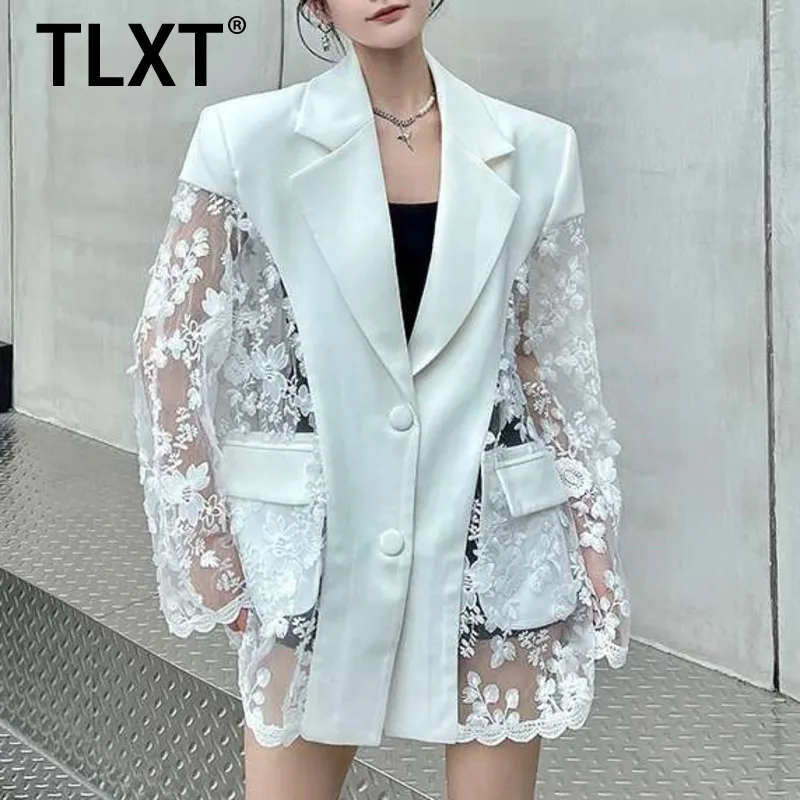 

TLXT Fashion Women's Lace Hollow Out Sunscreen Blazers Single Breasted Casual Loose Jackets Coats Female 2025 Summer New XK1342