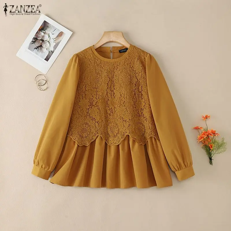 

2026 ZANZEA Весенняя женская блузка с длинным рукавом, стильная, с кружевными вставками, мусульманская, повседневная, с круглым вырезом, свободного кроя, для женщин