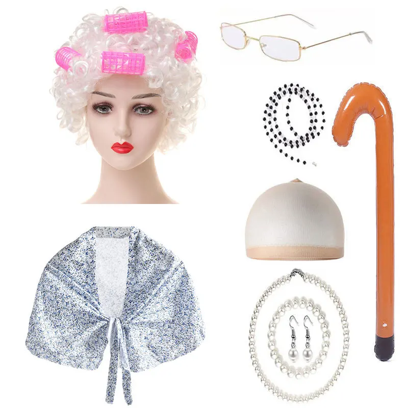 Wig Nenek Terlaris Karena Alat Peraga Pertunjukan Tari Halloween Set Wig Rambut Keriting Abu-abu