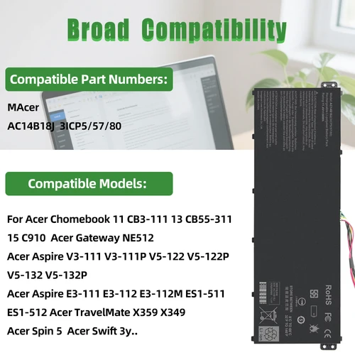 Imagen 2 del producto Nueva batería de ordenador portátil AC14B18J de 11,1 V para Acer Aspire E3-721 E5-771 E5-771G ES1-311 511 V3-111 Chromebook C810 C910 B115-M AC14B13J