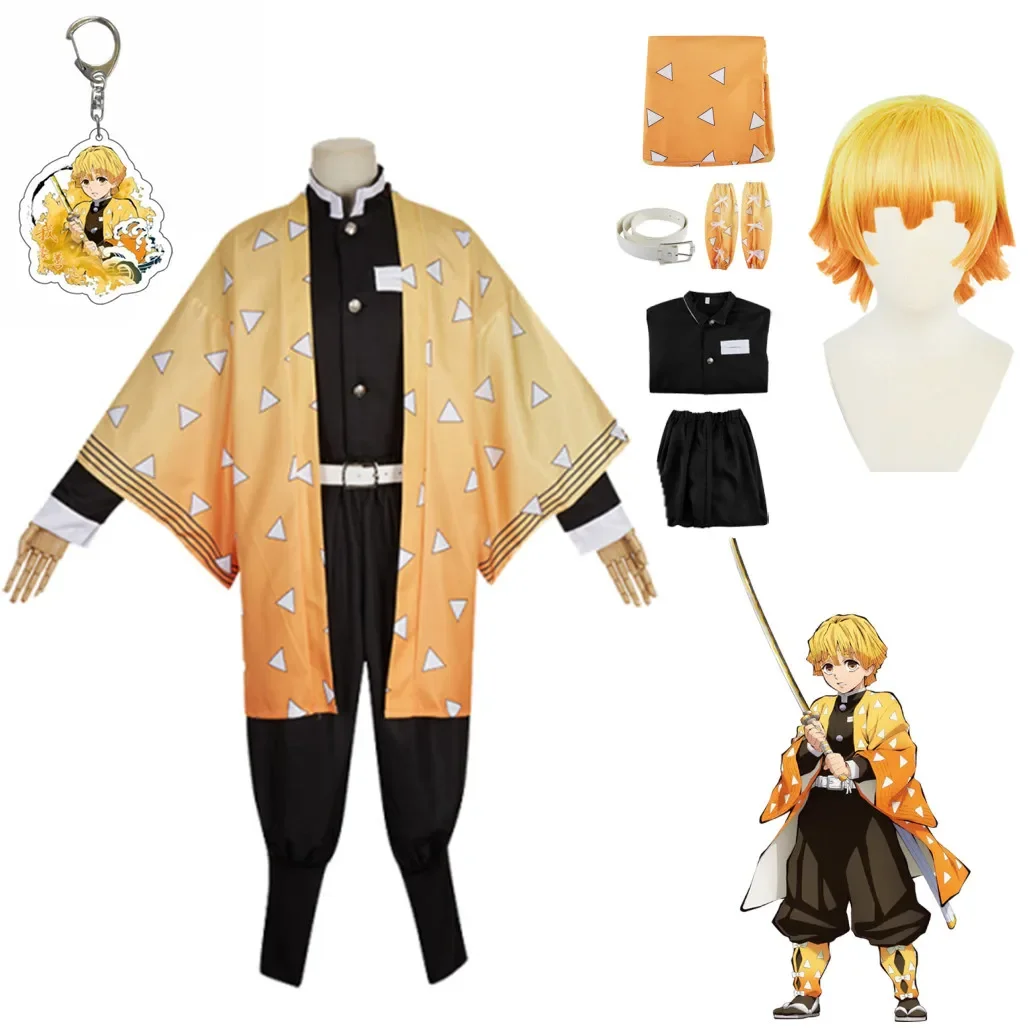 

Demon Slayer Agatsuma Zenitsu Cosplay Costume Anime Kimetsu No Yaiba Zenitsu Wig Adult Kids Kimono Uniform Halloween Costume