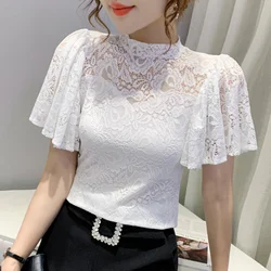 Women's Sexy Lace Hollow White Shirts Summer Elegant Floral Embroidery Blouses Women Fashion Slim Ruffles Sleeve Shirt