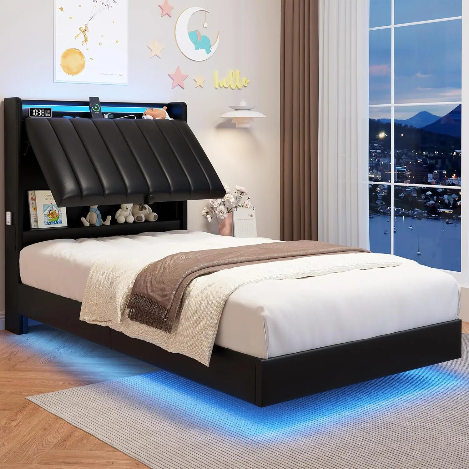 

Двуспальная кровать-платформа с LED-подсветкой изголовья, скрытым хранилищем и зарядной станцией, черная, для детей