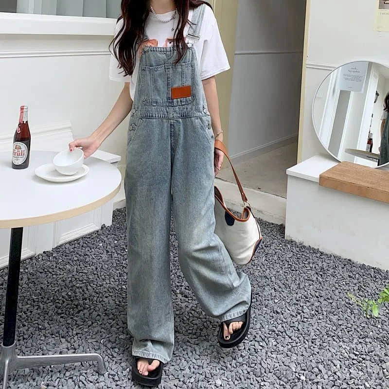 Jumpsuits for Women Harajuku Make Old Denim Full Length Straight Pants One Piece Outfits Women Rompers Casual Vintage Playsuits