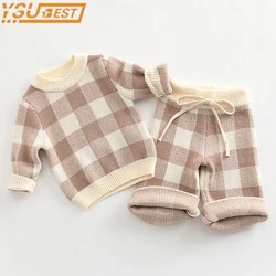 Korean Style Newborn Baby Boys Girls Plaid Suit Baby Long Sleeves Pullover+Pants 2PCS Spring Autumn Baby Knitted Soft Clothes