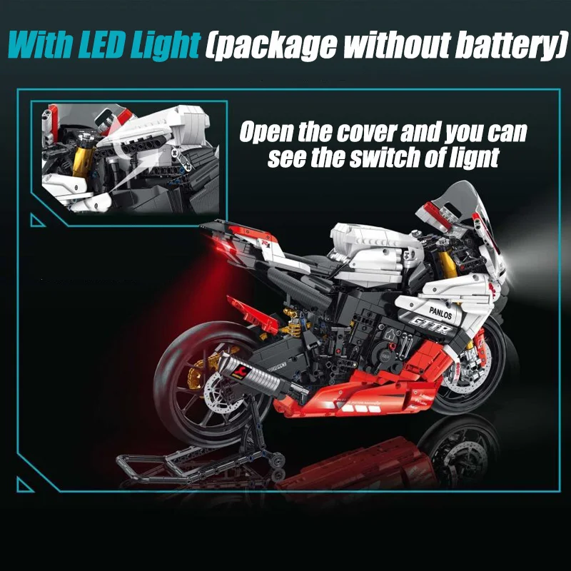 City MOC Technical RC Expert Motorcycle Building Blocks,1:5 V4S  H2R R1 Motorbike With LED Light Bricks Toys For Kids DIY Gifts