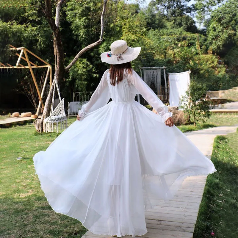 Strand Chiffon Super Langes Kleid Damen Neue Ankunft Frühling Herbst Chic Kleid Elegante Lange Ärmeln Lose Spitze-Up schlanke Kleider