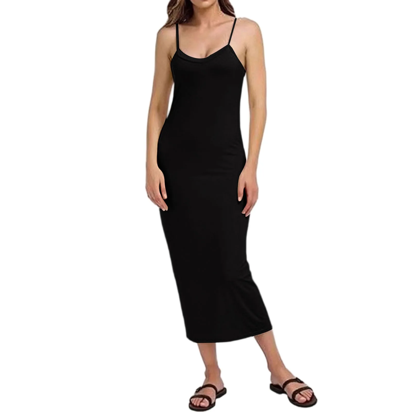 ผู้หญิงชุดเดรสยาว Basic สปาเก็ตตี้สายรัด Cami Slip Dress นุ่ม V คอ Nightgown ภายใต้ชุด Elegant สตรี