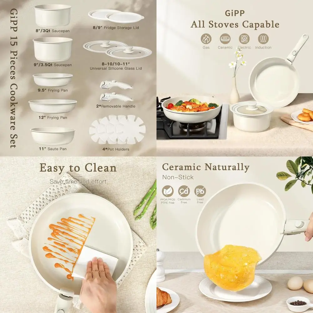 

15-Piece Cream Non-Stick Detachable Handle Cookware Set, Healthy PFAS/PFOA/PTFE-Free, Dishwasher & Oven Safe, Induction Compatib