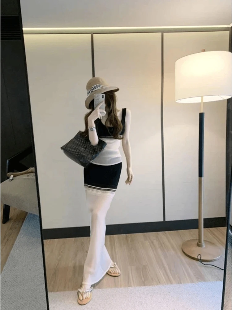 

Summer Slim Fit Color Block Vest And Skirt Set Women's Fashion Stripe Patterned Two Piece Outfit Casual Breathable Clothing