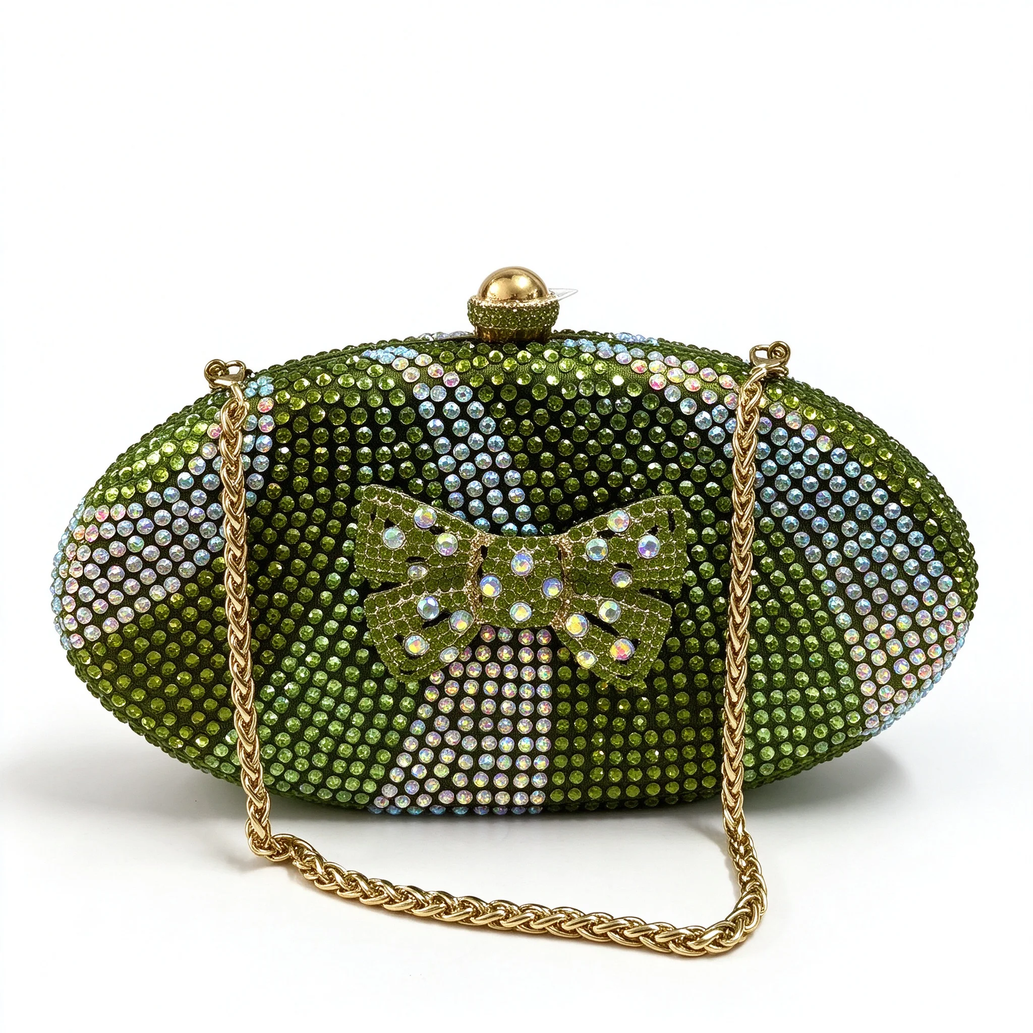 Olive Green Rhinestone Evening Clutch Bag for Women Sparkly Crystal Bow Purse with Chain for Wedding Prom Cocktail Party