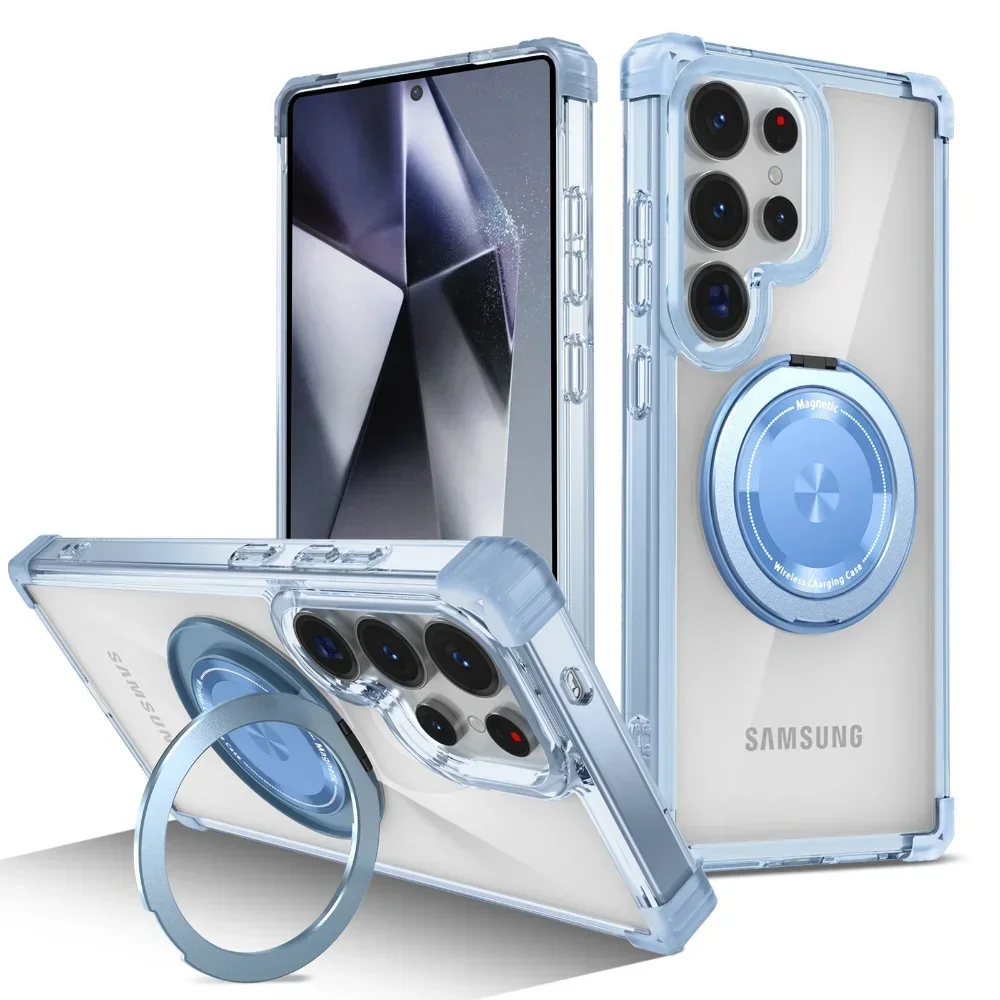 Handyhülle für Samsung Galaxy S25 S24 S23 S21 Ultra S22 Plus 360° drehbare Halterung, magnetische kabellose Aufladung, transparente Abdeckung