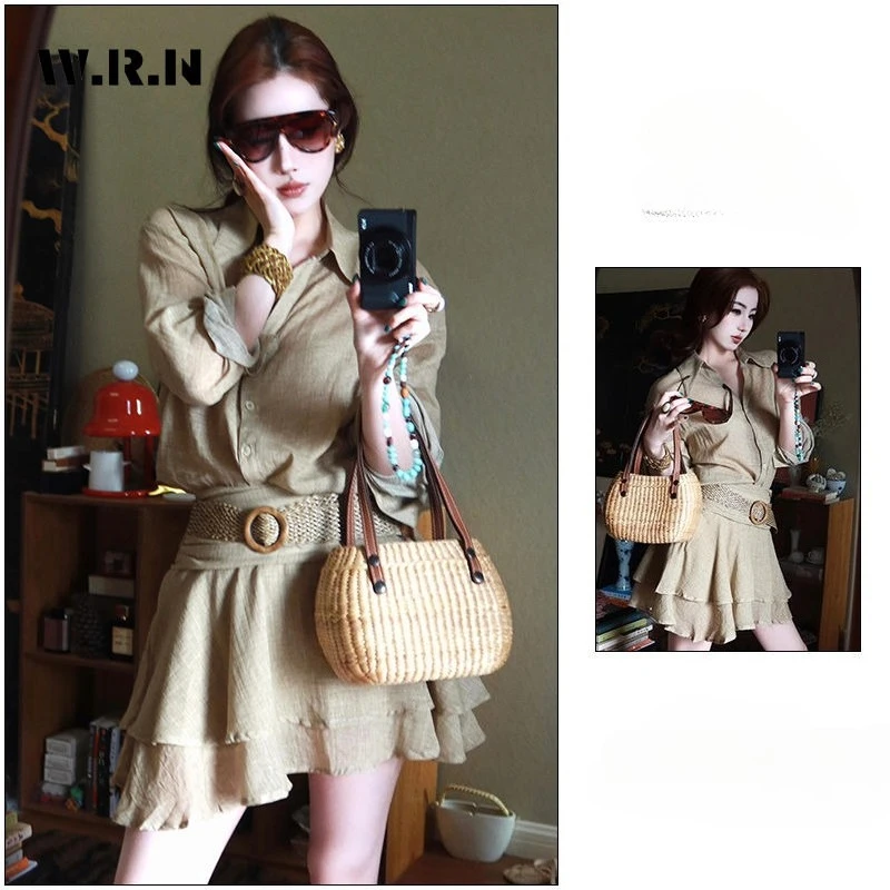 빈티지 긴 소매 턴 다운 칼라 기본 미니 셔츠 드레스 여성의 우아한 클래식 오피스 레이디 솔리드 a 라인 블라우스 드레스