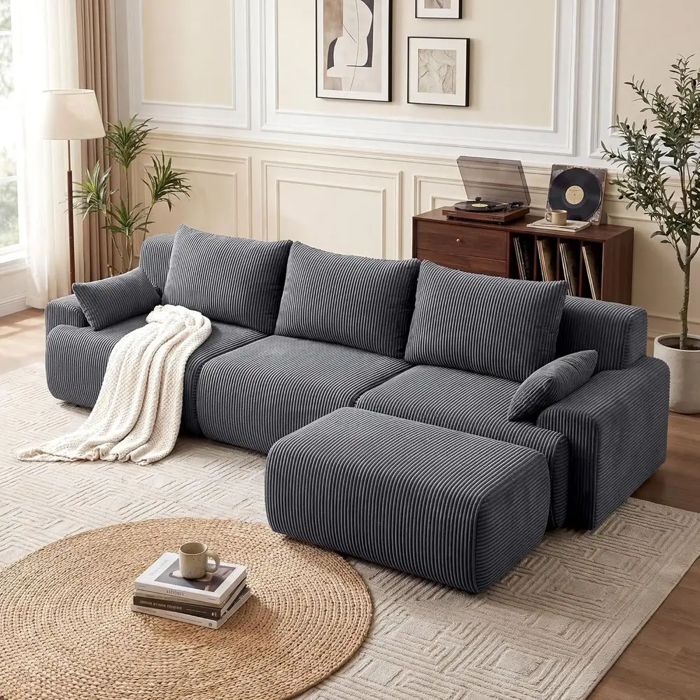 

Oversized Curved Sectional Sofa with Ottoman & Pillows, Grey Premium Corduroy, Deep Seating, Ergonomic Support