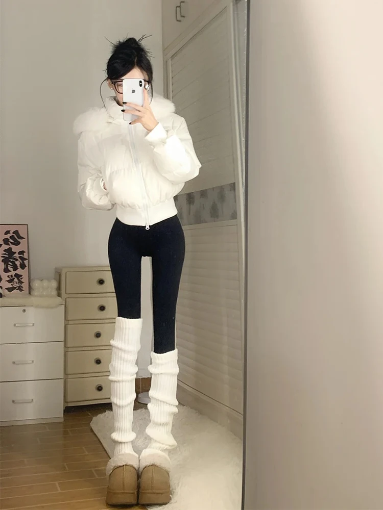

White Hooded down Cotton Jacket Women's Thickened Winter Warm Coat Korean Style Straight Cut Online Exclusive Zipper Closure