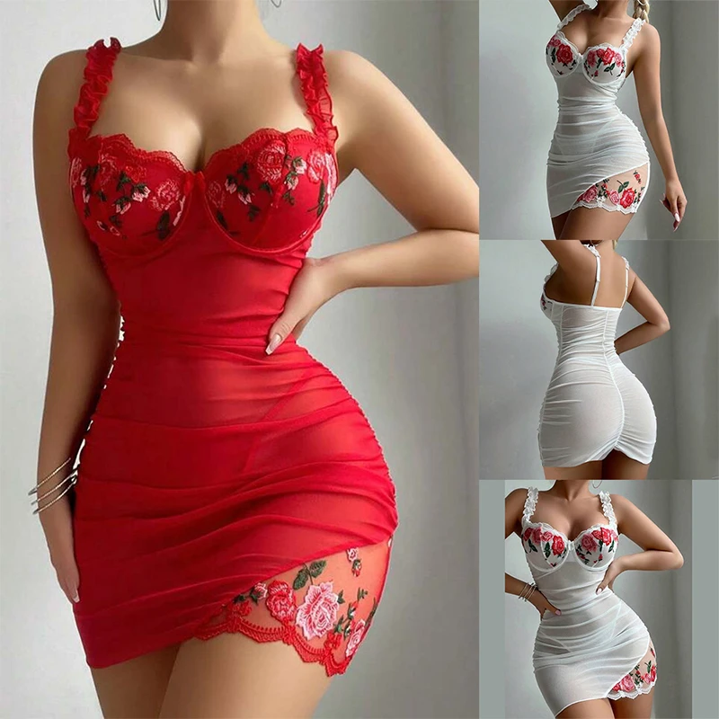 

Flower Embroidered Perspective Pajamas Set Elegant Nightdress Sexy Temptation Sleepwear Top Women Sexy Tank Top Sexy Lingerie