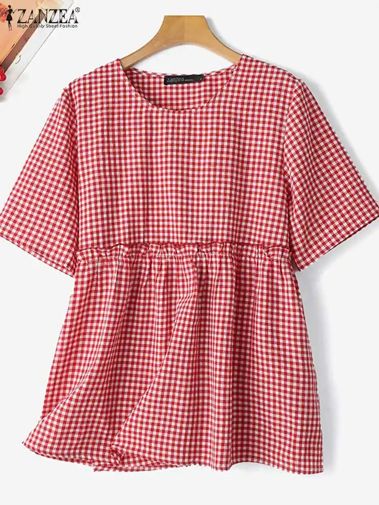 ZANZEA Vintage Summer Plaid Checked Blouse Casual Loose Ruffles Tops Tunic Female Work Blusas Women O Neck Short Sleeve Shirt