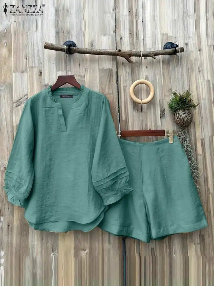 ZANZEA Holiday 2024 Summer 2pcs Outfits Casual Solid 3/4 Lantern Sleeve Top Loose Suits Women Elastic Waist Shorts Short Sets