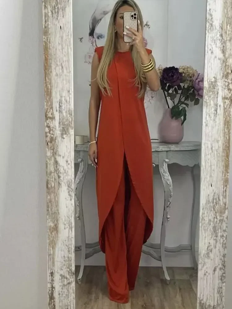 Casual Solid Two-piece Set For Women Fashion Round Necked Sleeveless Long Top Loose Pants Suit 2023 Elegant Lady Chic Outfits