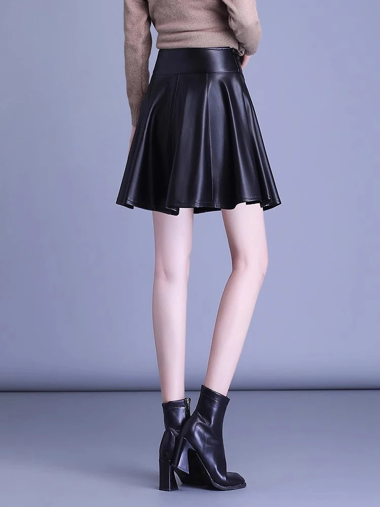 S-5XL New Women Mini Leather Skirt Fashion Casual High Waist A-Line Plus Size Basic Skirt Split Leather Sheepskin Pleated Skirt