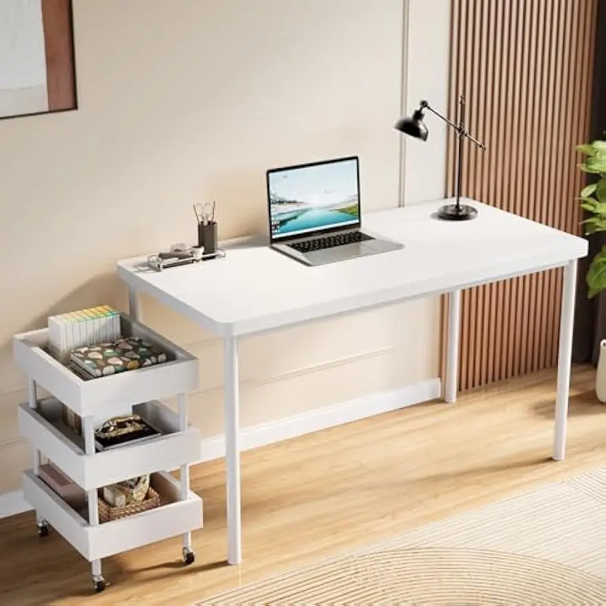 Modern White Computer Writing Desk 47-Inch Home Office Desks 3-Tier Wood Storage Study Table Work Desk Small Spaces