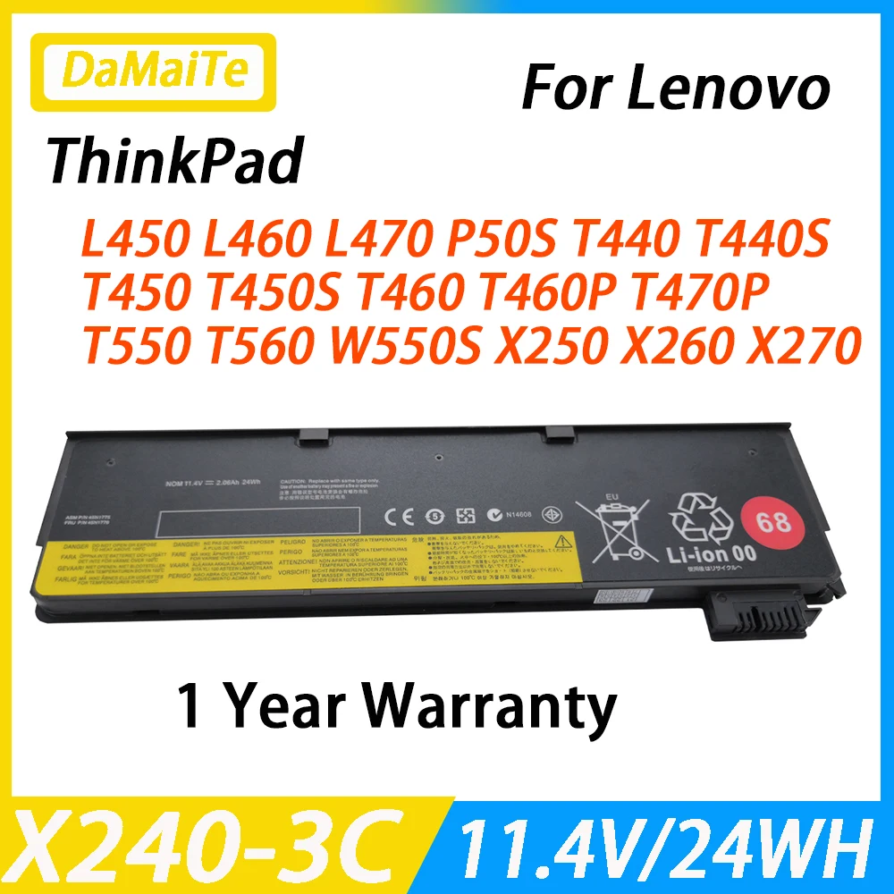 Laptop Battery for Lenovo Thinkpad X270 X260 X240 X240S X250 T450 T470P T440S K2450 W550S 45N1136 45N1738 68+