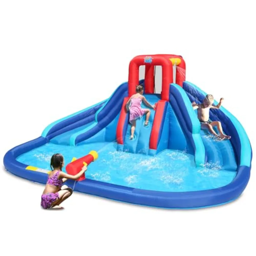 Corrediça de água, corrediça de água inflável com piscina grande, casa de salto azul com corrediça dupla e parede de escalada