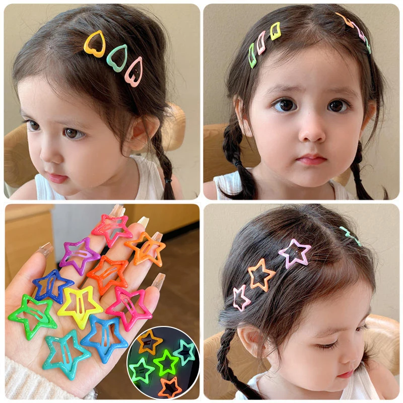 10PCS Candy Color Glow-in-the-dark Kids Bb Clip Bangs Clip Five-pointed Star Glow-in-the-dark Side Hairpin Love Hair Accessory