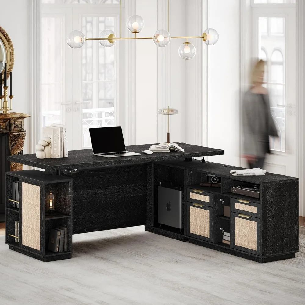 

L-Shaped Electric Adjustable Standing Desk with File Cabinet, AC/USB Ports, Privacy Panel, and Computer Corner