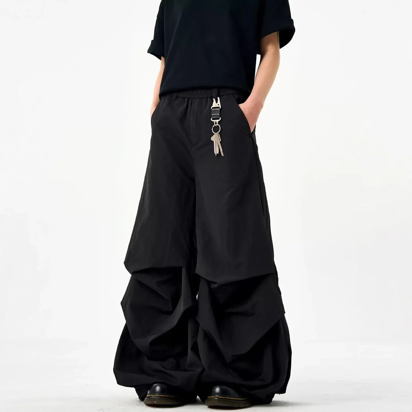 العصرية الأسود مطوية المظلي السراويل فضفاضة سريعة الجافة عارضة السراويل للرجال والنساء الصيف الأمريكية شارع العليا واسعة الساق Lon #2